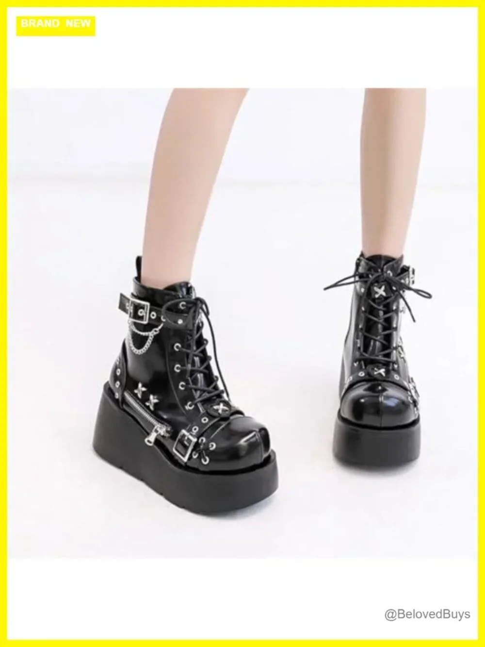 Goth Platform Ankle Boots with Bat Wing Buckles Chunky Block Heels Punk Combat